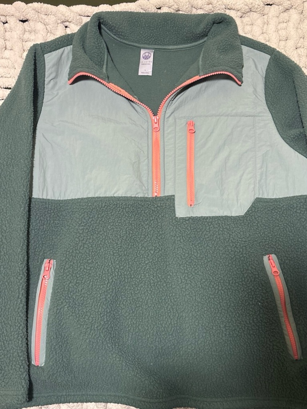 Women's Forest Green Puffer-Style Fleece Pullover with Coral Zippers